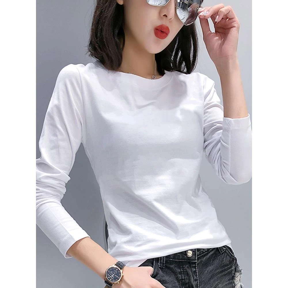 白色打底衫女士2025年秋季新款纯棉紧身长袖t恤薄款修身百搭上衣