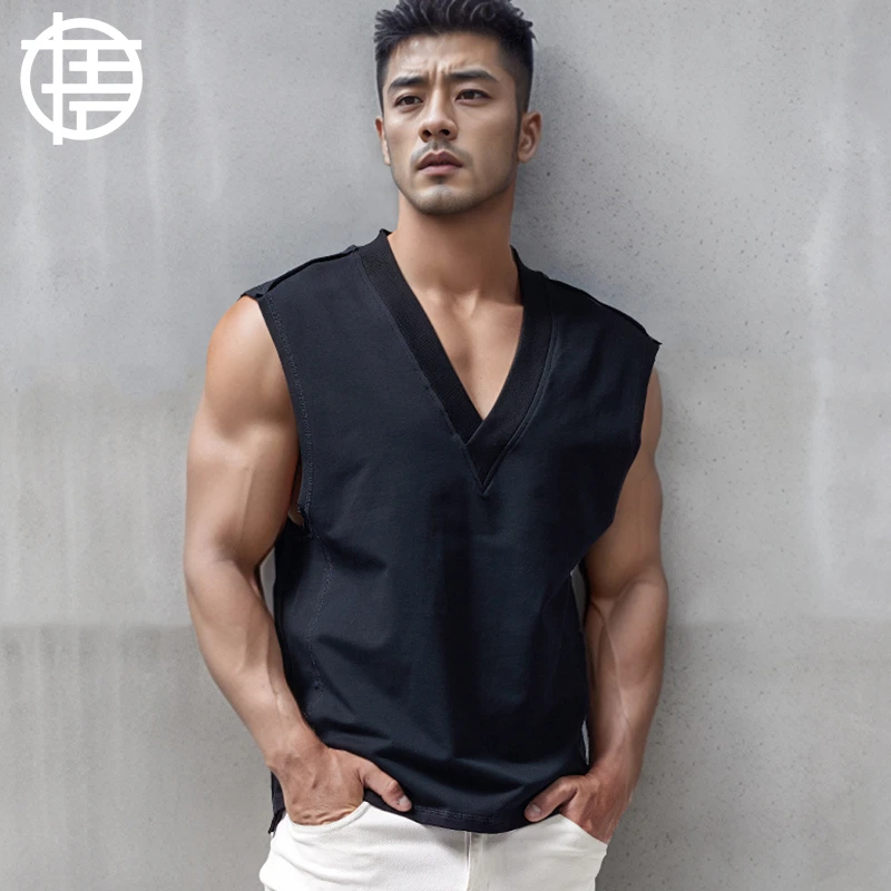 重磅大V领宽肩背心男士宽松运动健身砍袖纯色棉无袖T恤男夏季坎肩