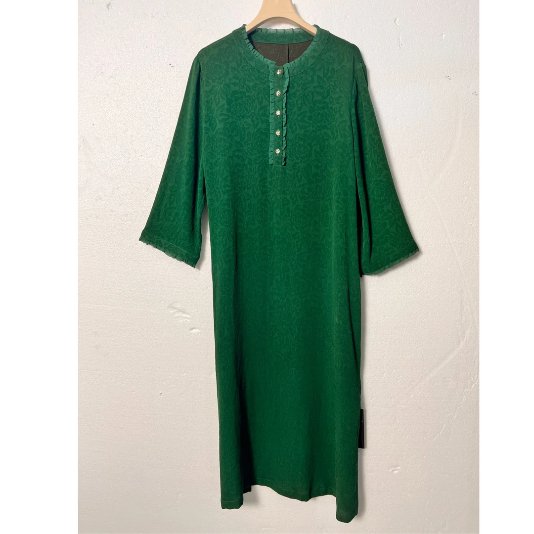 【千禧专属】810桑蚕丝冠乐皱宽松重磅绿色连衣裙