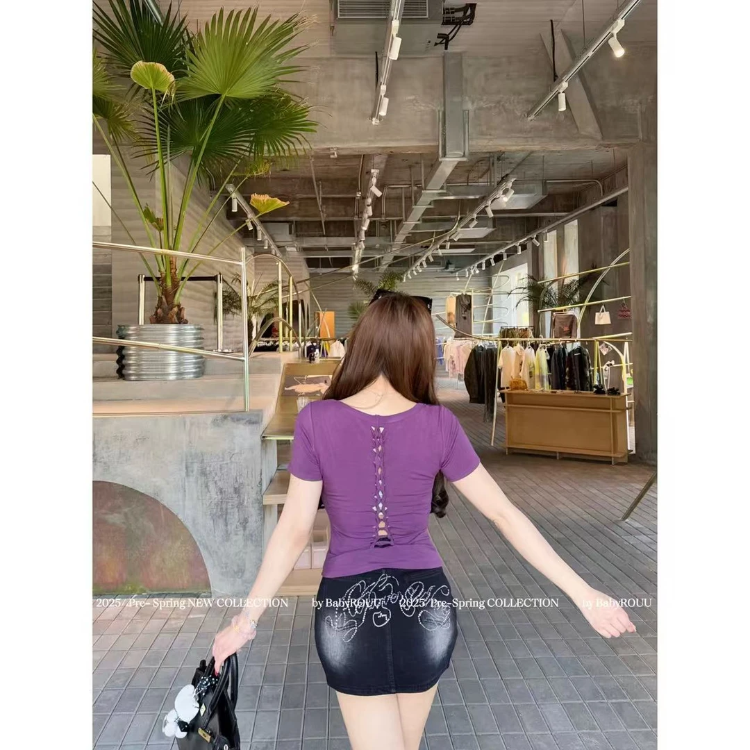 【现货】温与柔【龙骨T】美式辣妹扭结短袖上衣辣欲吸睛牛仔半裙套装