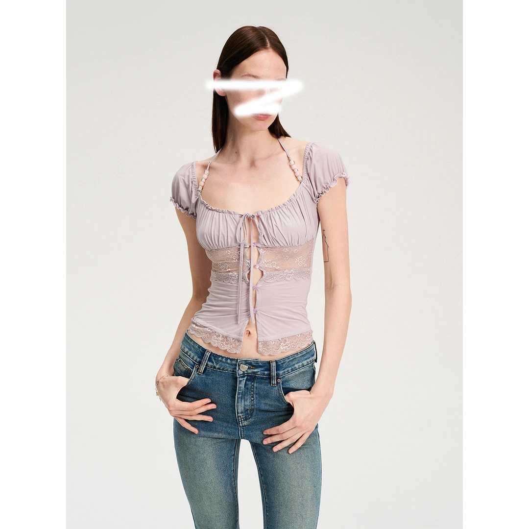 夏季设计感蕾丝拼接串珠设计开衫修身辣妹系带镂空短袖T恤上衣女