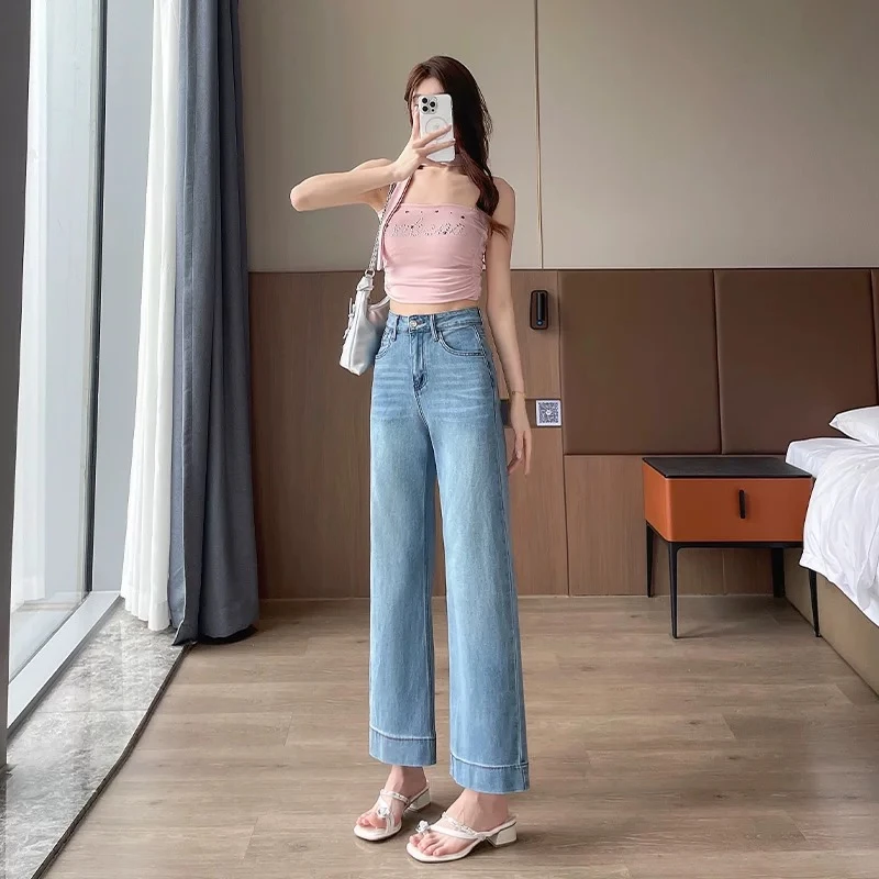 夏季新品薄款窄版直筒百搭牛仔裤女显瘦高腰浅色大码九分奶奶裤