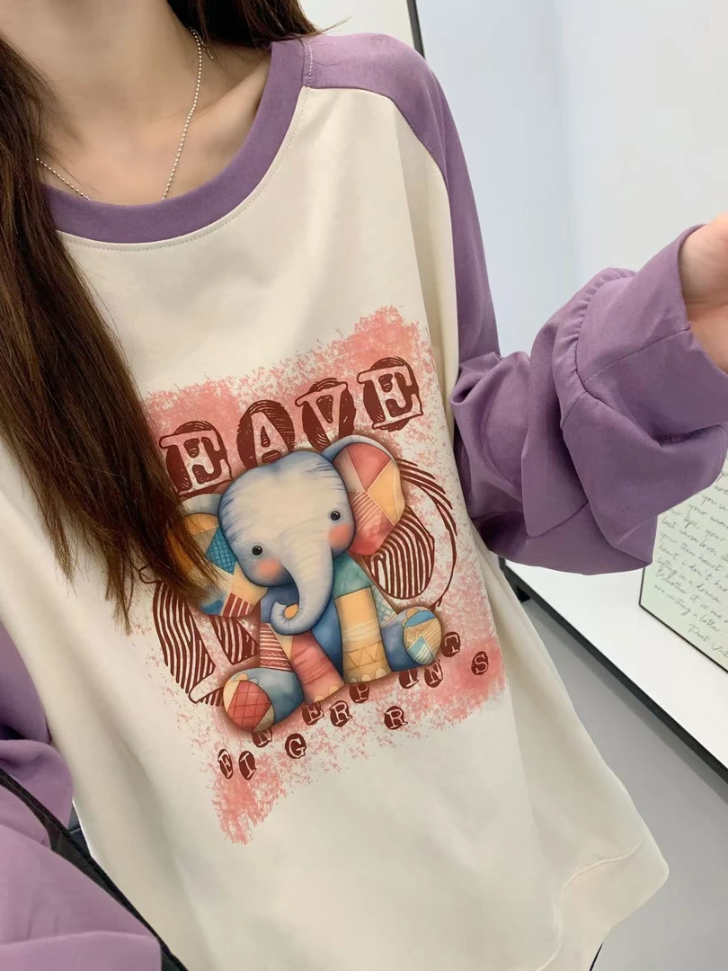 (321)长袖圆领中长款女休闲风拼接胸前大象图案韩版宽松薄款百搭