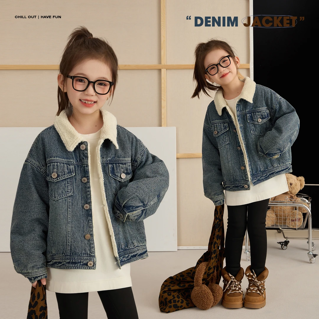辰辰妈【曼城故事】女童加绒牛仔外套保暖亲子装短款翻领上衣9211X