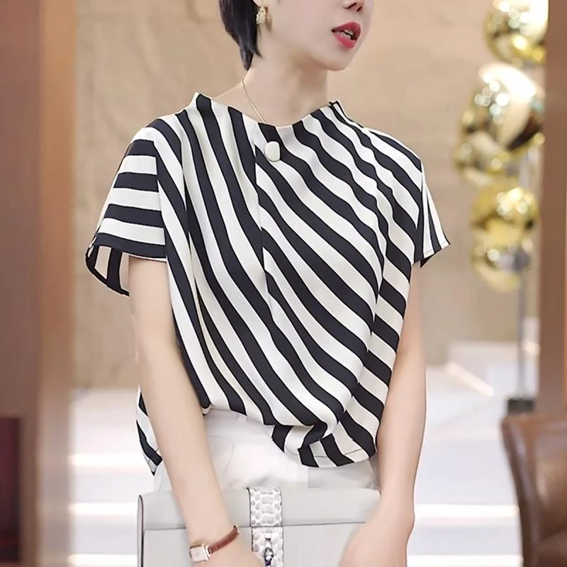 女士条纹衬衫2025夏季新款洋气减龄宽松显瘦立领别致小衫醋酸上衣