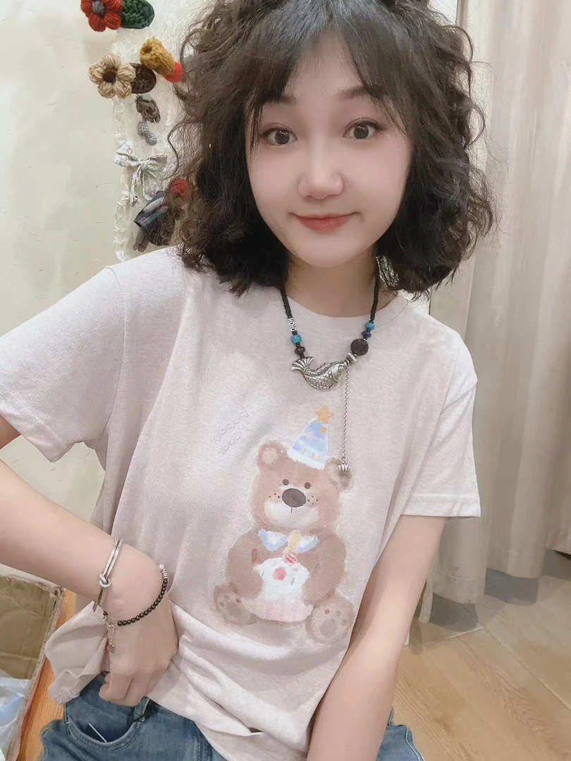【生日小熊】可爱减龄百搭宽松遮肉显瘦卡通小熊纯色宽松短袖T恤