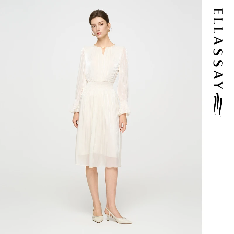 ELLASSAY歌力思2025早秋新款飘逸鎏光喇叭袖连衣裙女EWD363Y03800