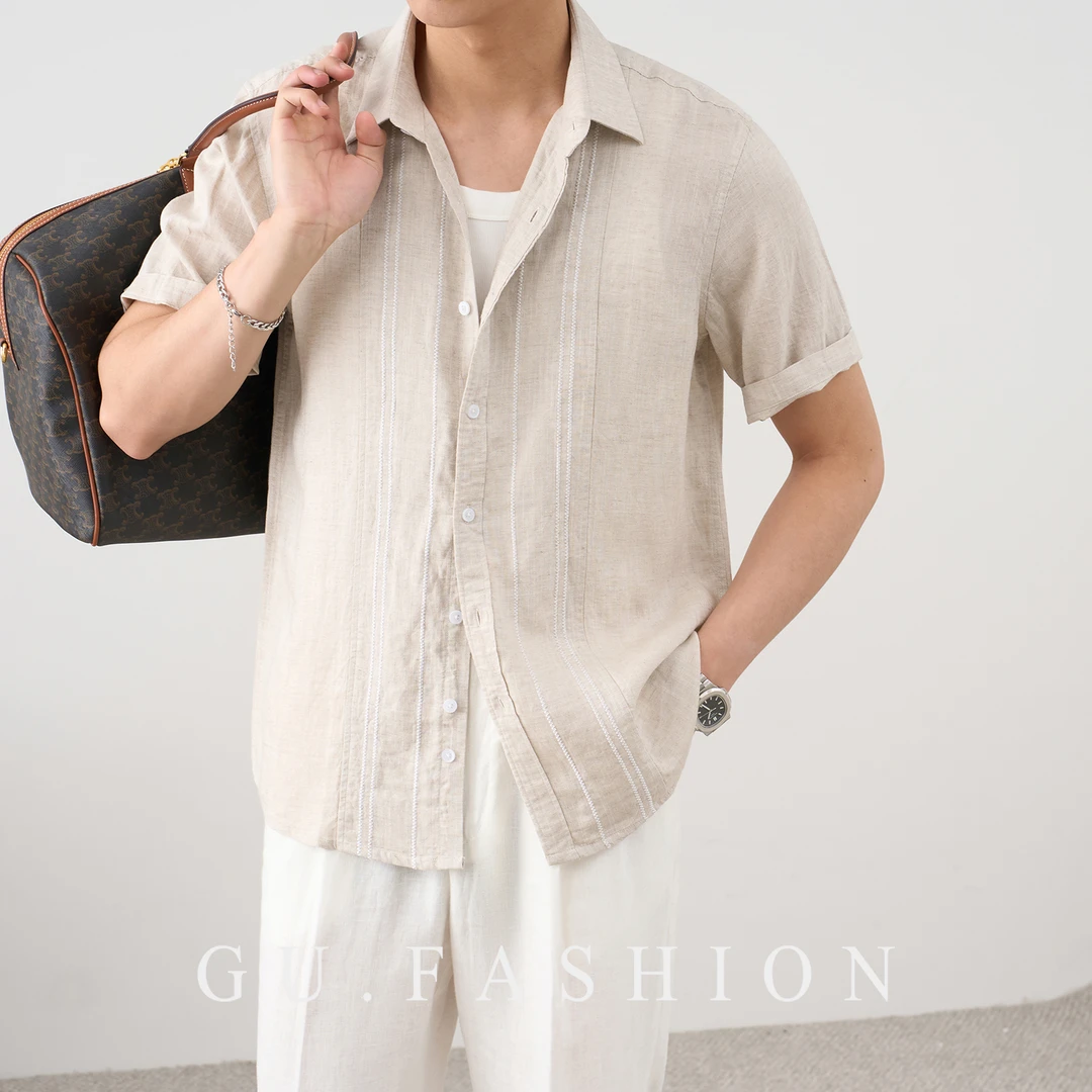 【天丝莱赛尔】GU FASHION夏季复古亚麻薄款透气亲肤男士短袖衬衫