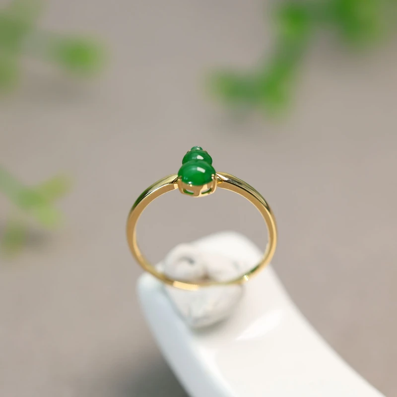 #H914 18K金镶嵌冰种满绿天然A货翡翠葫芦戒指简约时尚福禄女戒