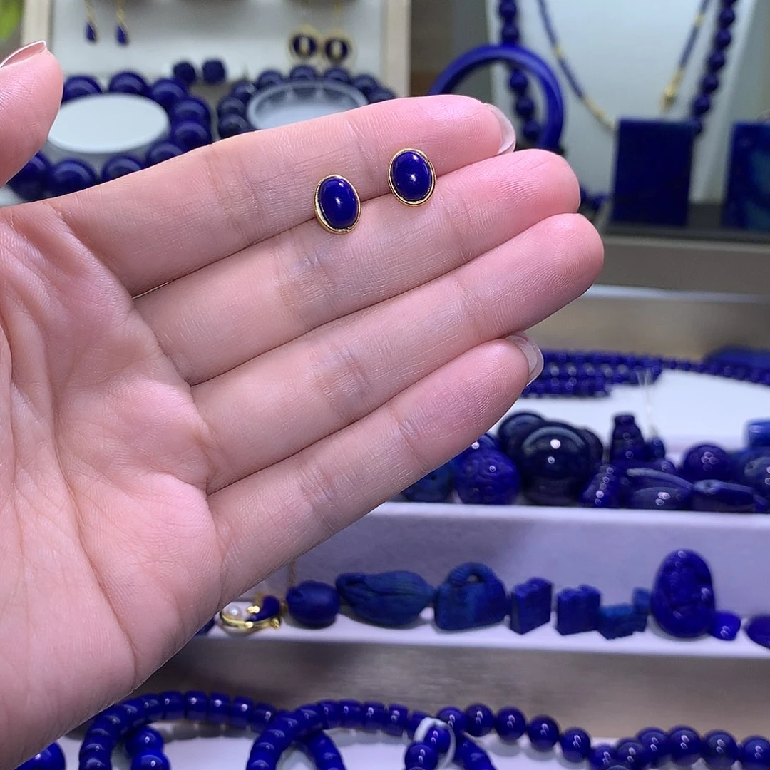 青金石合金天然原矿耳钉