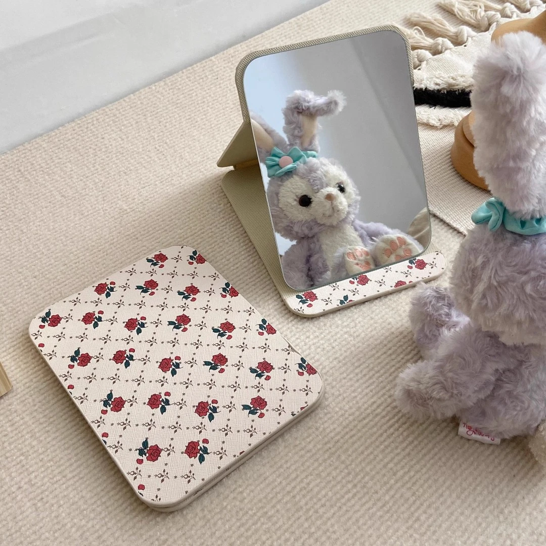 镜子复古皮质随身便携化妆镜宿舍小镜子卧室桌面台化妆专用镜子O