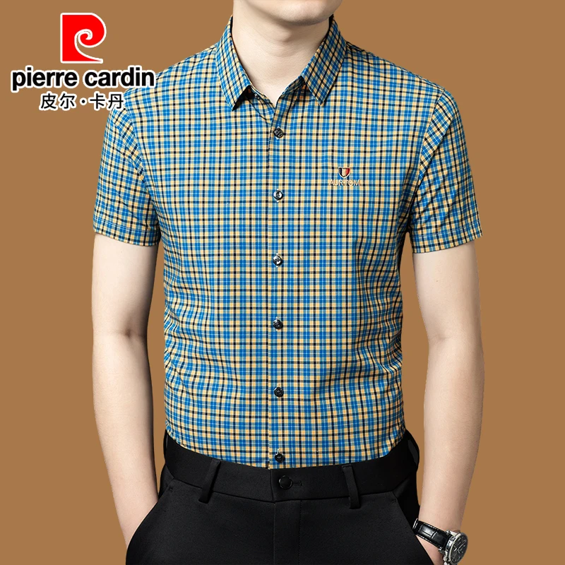 皮尔卡丹正品短袖衬衫夏季薄款时尚潮流休闲半袖男士格子抗皱衬衣