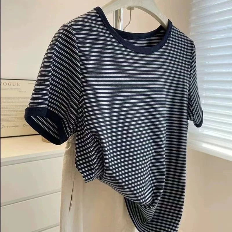 清仓福利款-韩系洋气外贸原单条纹风夏季圆领T恤宽松短袖25063