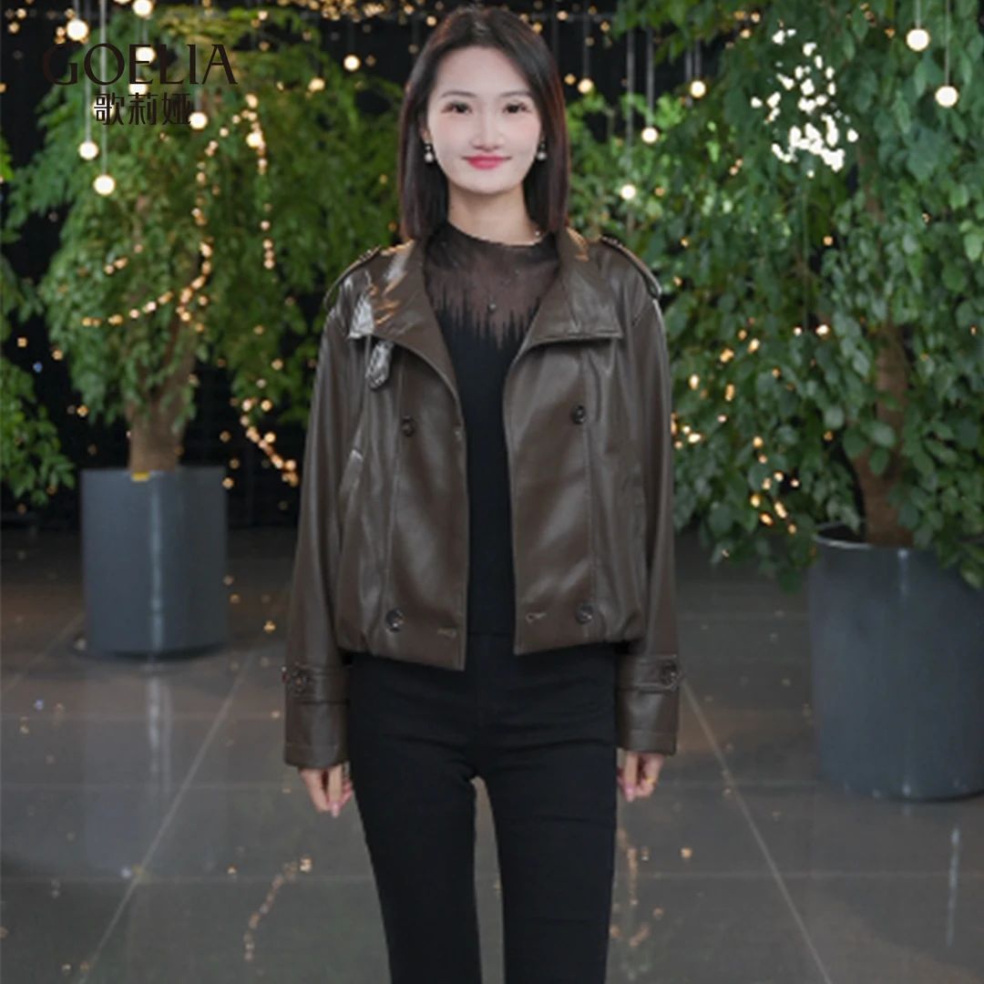 歌莉娅 春季新品  双排扣风衣皮夹克  1F1C6F560
