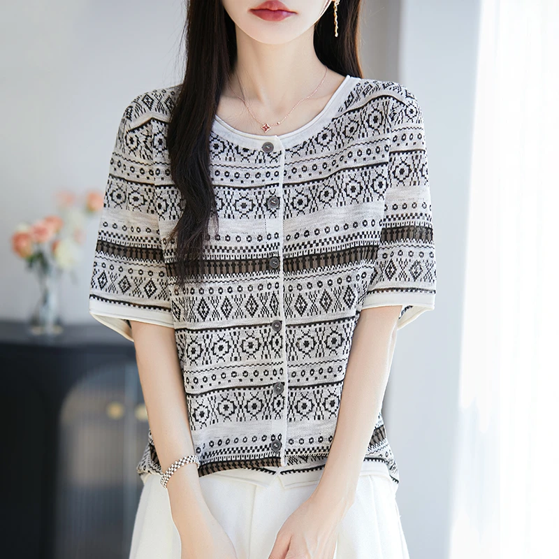 品牌2025夏欧若风提花单排扣圆领短袖针织开衫女士长袖上衣薄透气