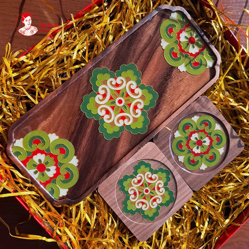 敦煌纹样胡桃木茶盘 掐丝珐琅画diy材料包 非遗伴手礼