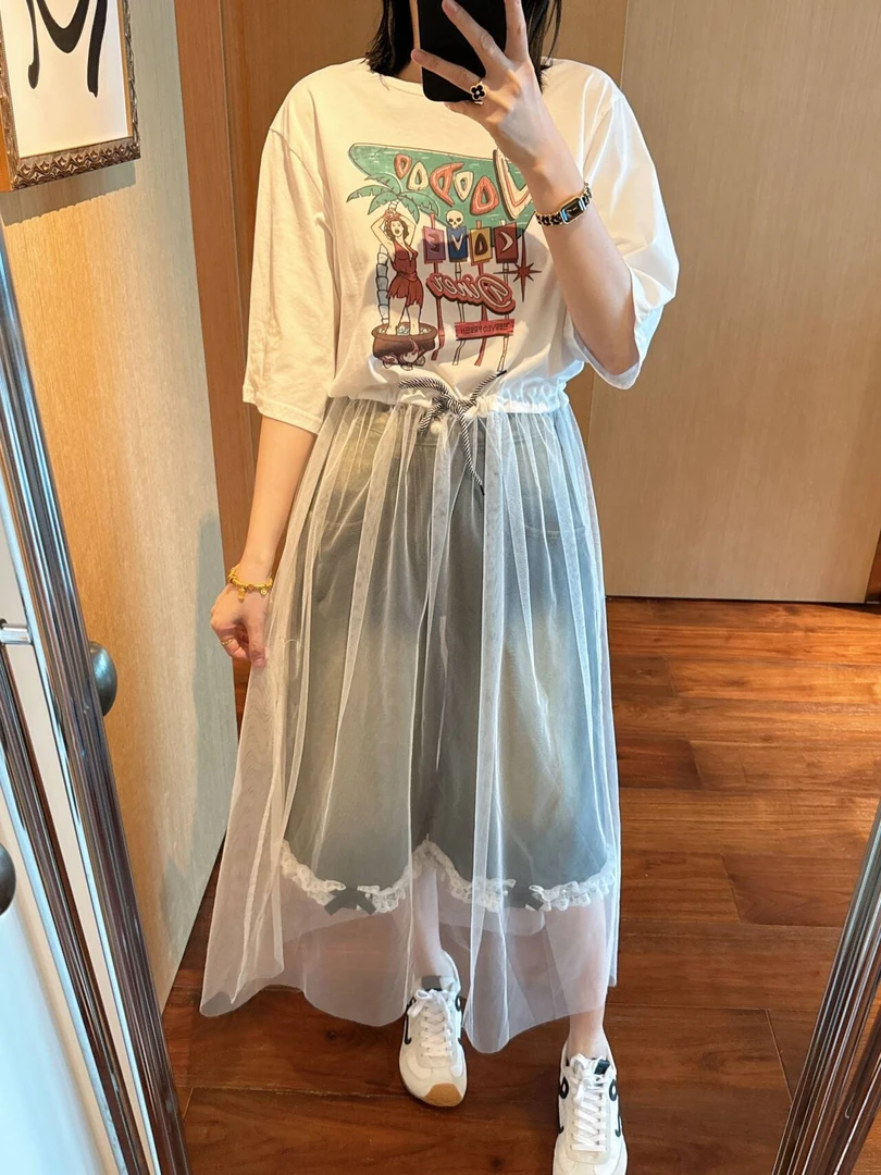 【张静芝】夏季新品 洋气卡通漫画印花拼接网纱时髦连衣裙