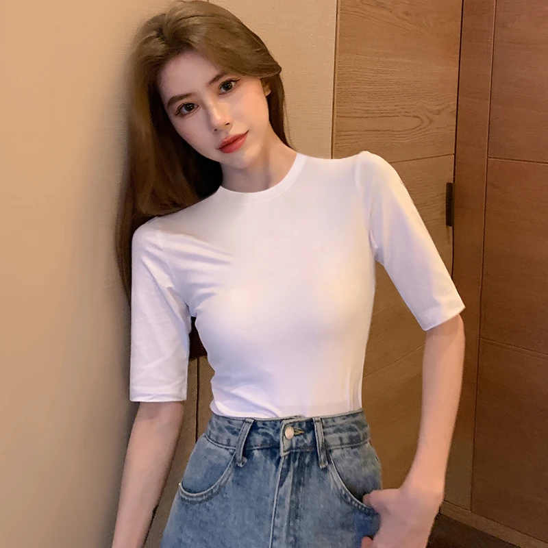 白色中袖T恤女莫代尔2025秋季新款韩版修身百搭半袖打底衫上衣潮