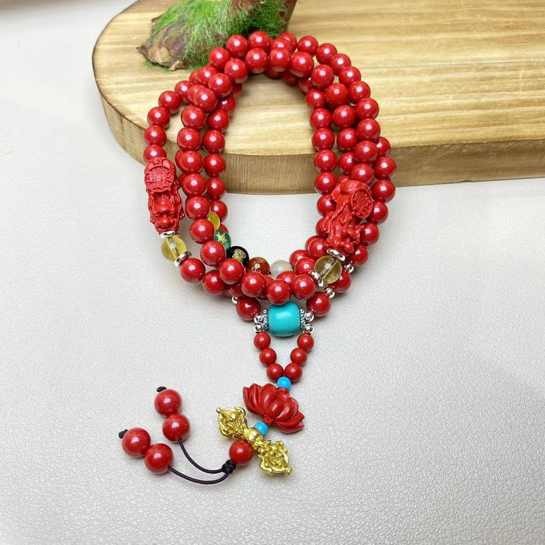 含辰砂工艺品高含量帝王砂五路财神108多圈朱砂手链念珠双貔貅链
