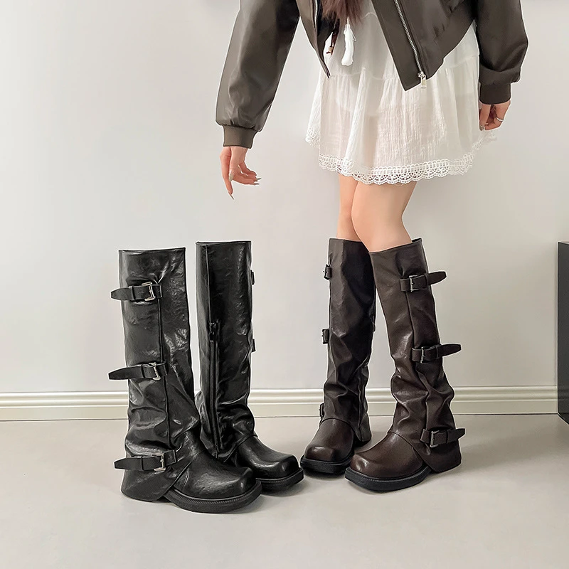 7cm增高裤管靴女2025秋季新款厚底粗跟骑士靴高筒靴子褶皱堆堆靴