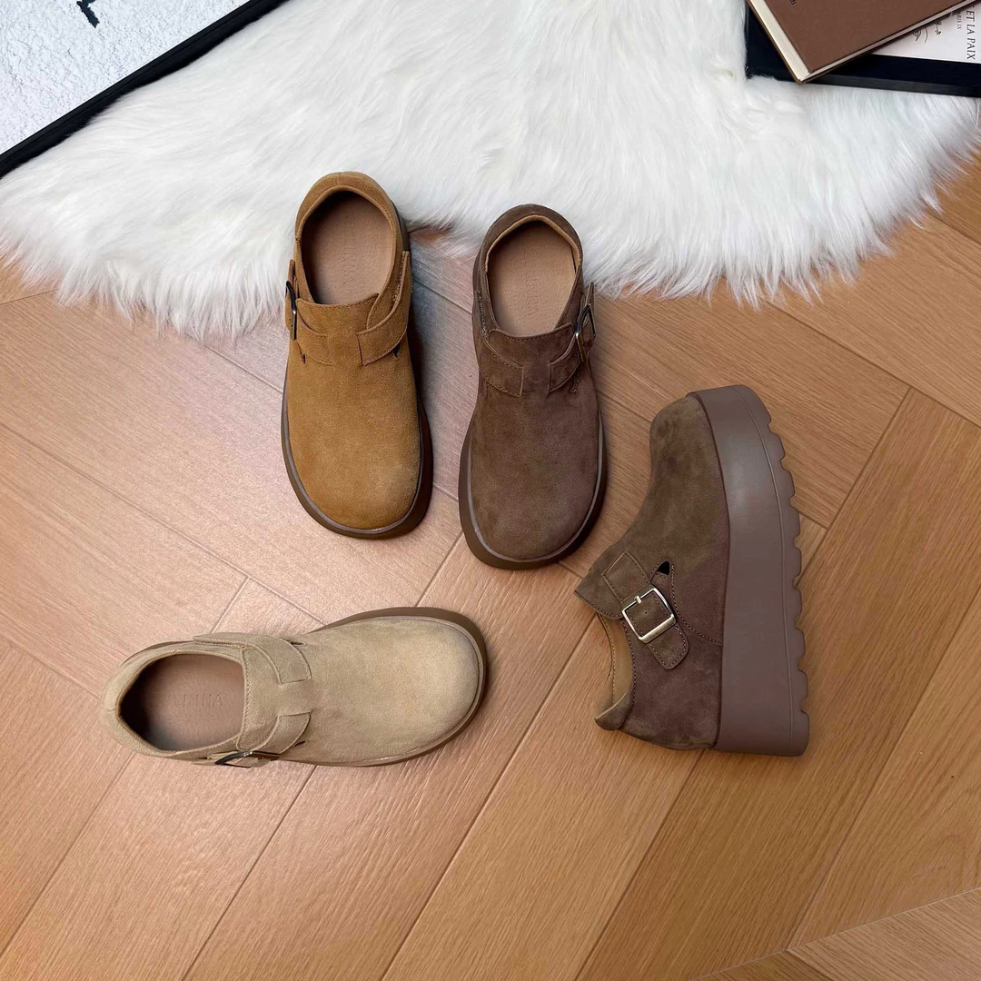 内增高9cm复古真皮厚底勃肯鞋女2025秋冬新款百搭懒人鞋休闲女鞋