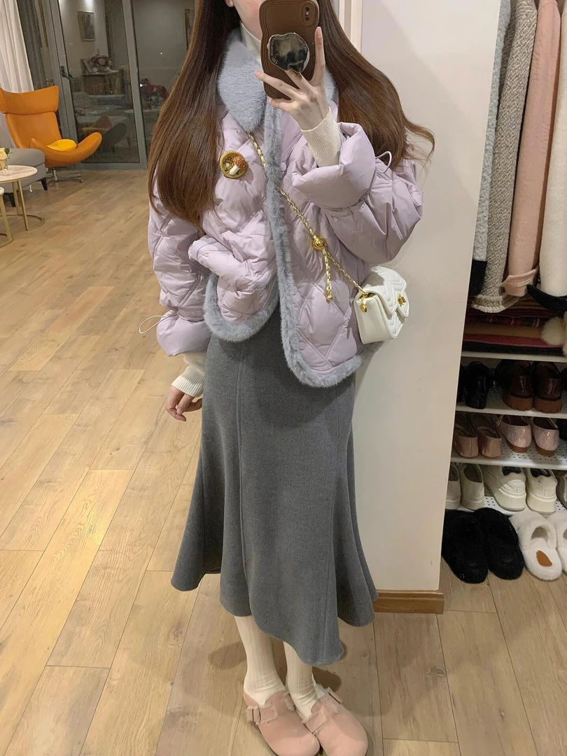 秋冬穿搭一整套法式小香风紫色菱格毛绒保暖棉服外套女鱼尾半身裙