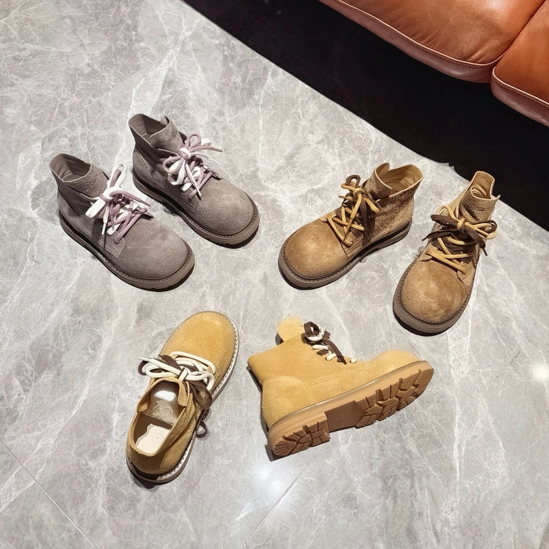 巨软~内增高真皮双鞋带大头马丁靴女2025秋新款短靴ins短筒女靴子