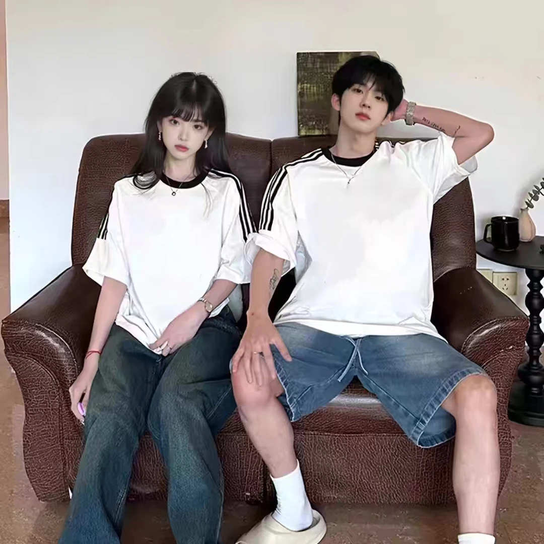 韩版重磅纯棉宽松短袖三条杠落肩百搭休闲男女同款短袖纯色