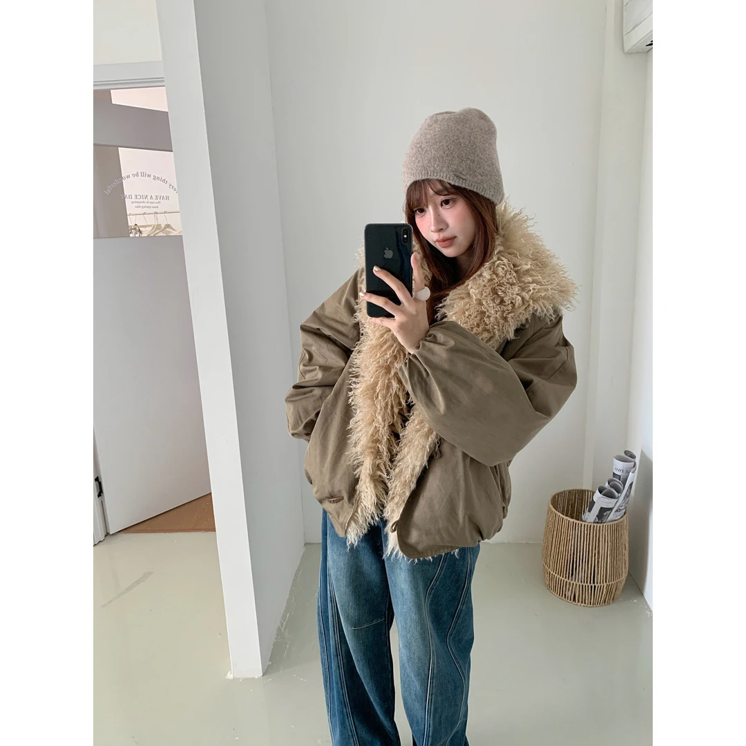 GAGD 蓬松大翻领花苞棉服短外套女 秋冬环保皮草巴恩风夹克上衣女