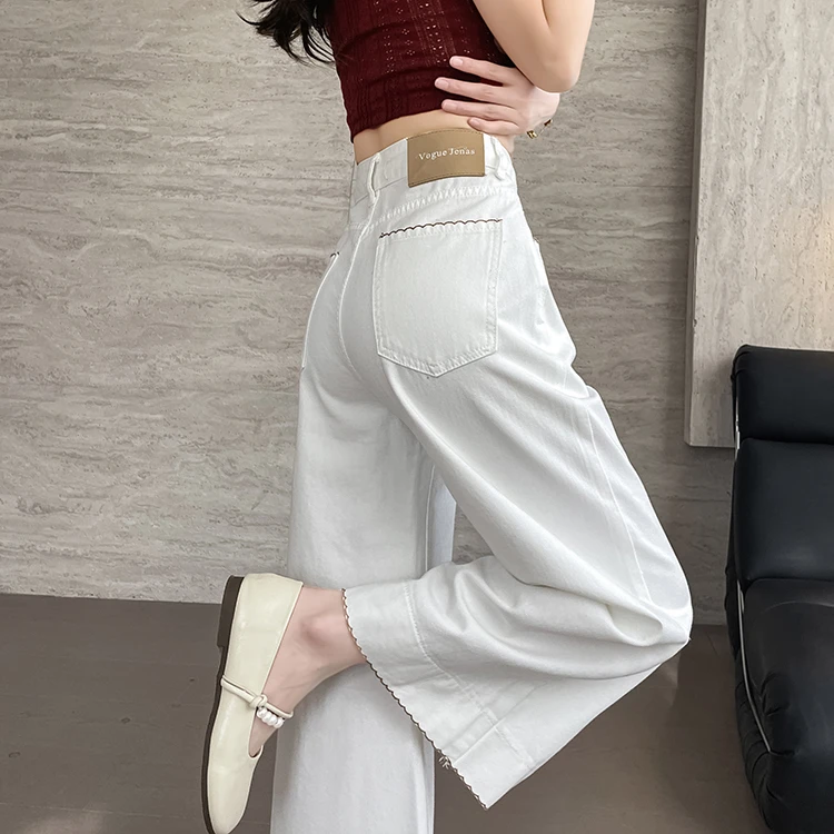 梦冷白色牛仔裤女夏季薄款2025新款小个子阔腿裤直筒高腰八九分裤
