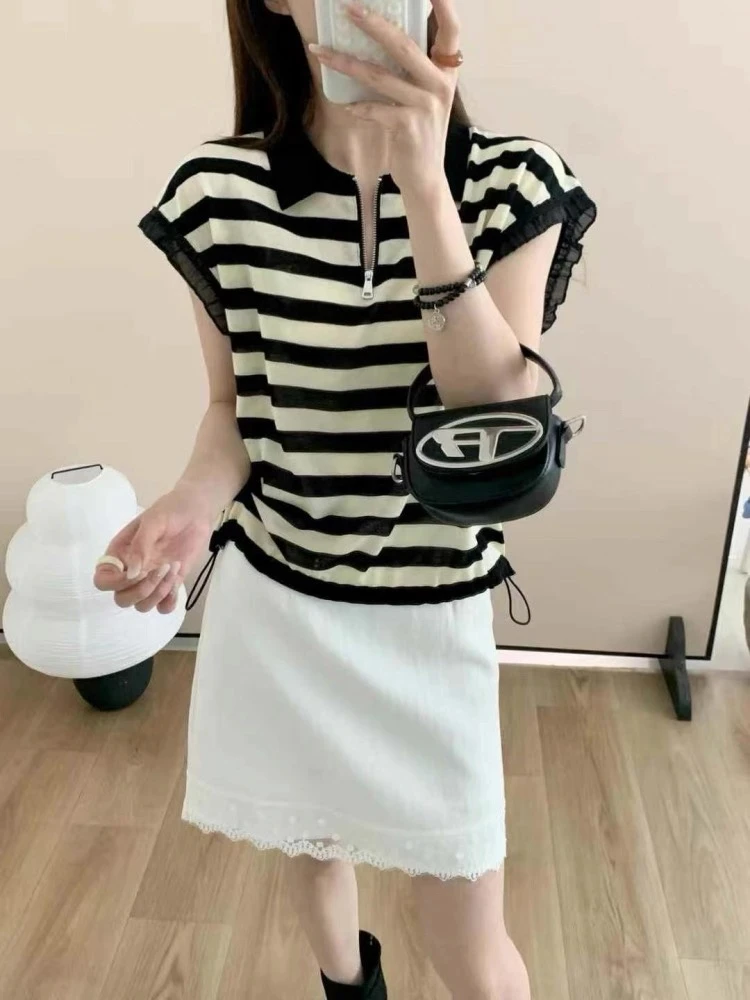 玲姐定制-翻领拉链条纹拼接抽绳下摆显瘦薄款针织短袖252918