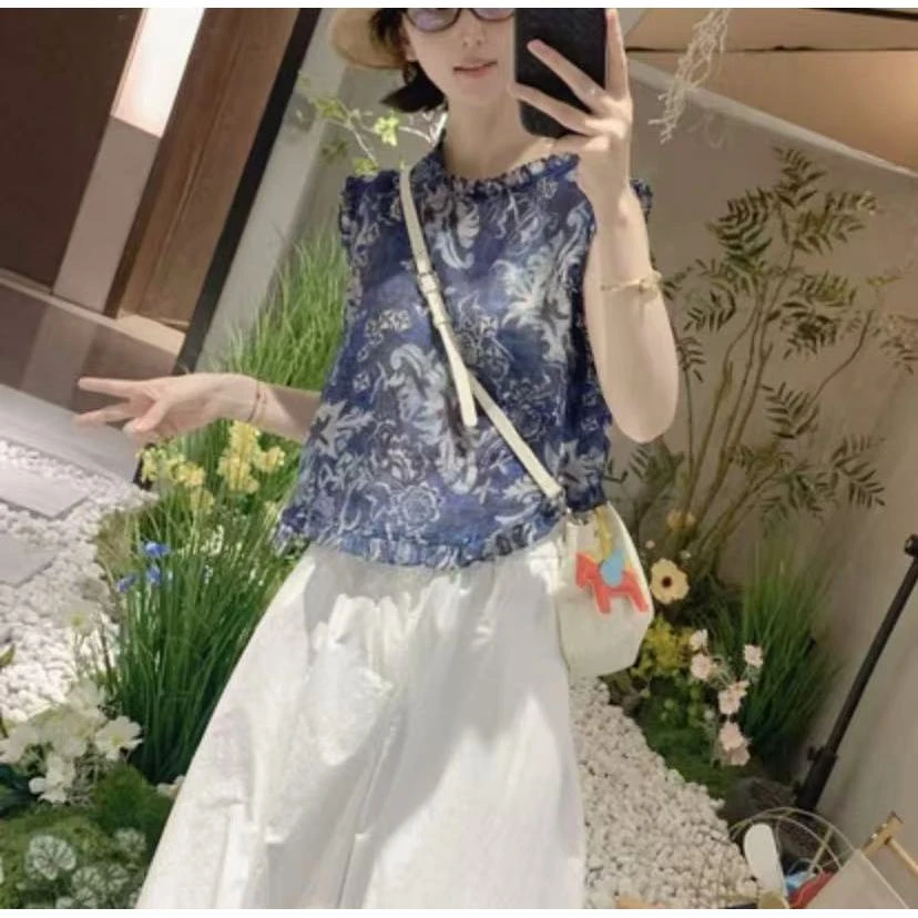 圆领木耳边拼接坎肩无袖背心衬衫女2025夏季新款显瘦上衣 R0612