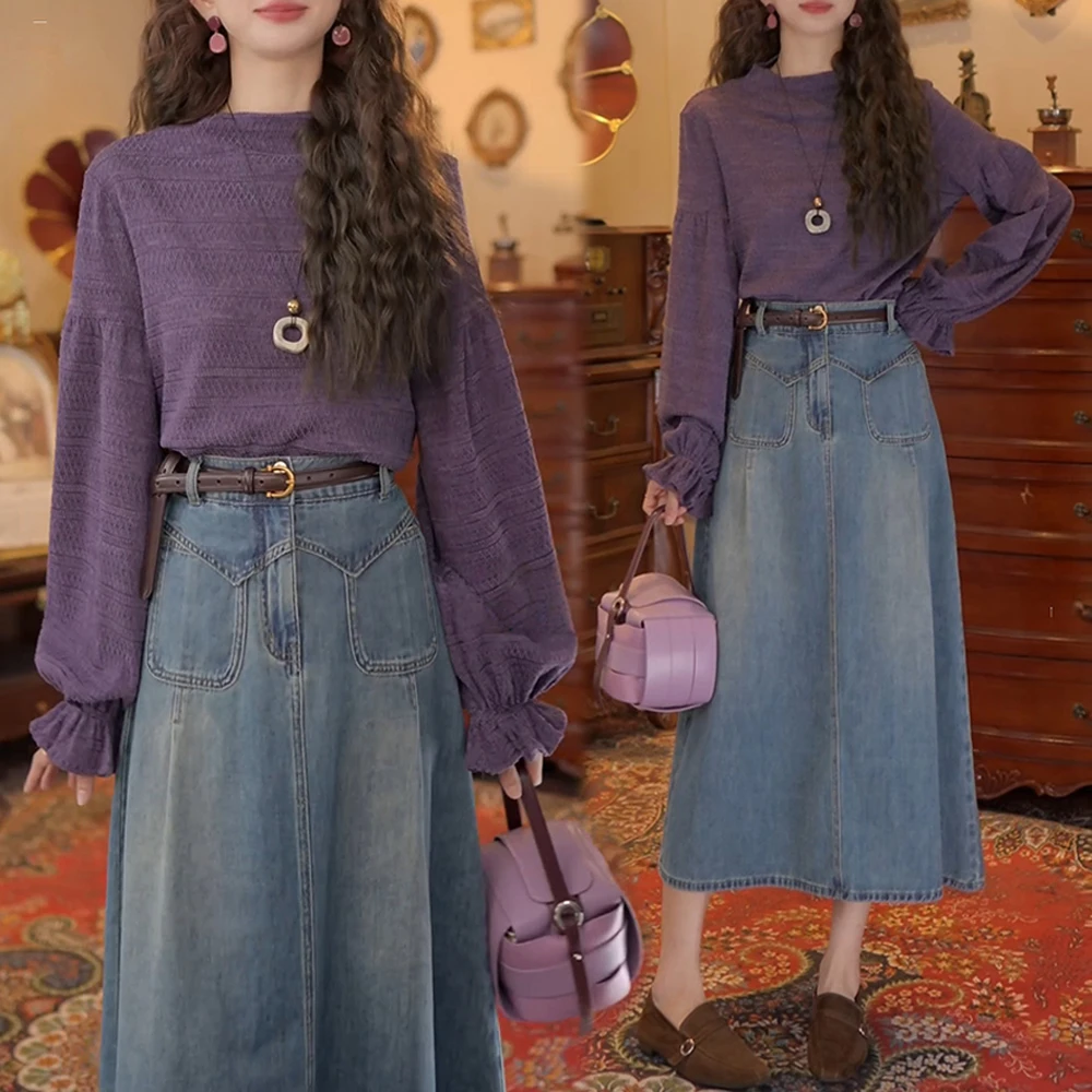 2025秋季气质设计感长袖上衣高腰显瘦半身裙洋气休闲时尚套装