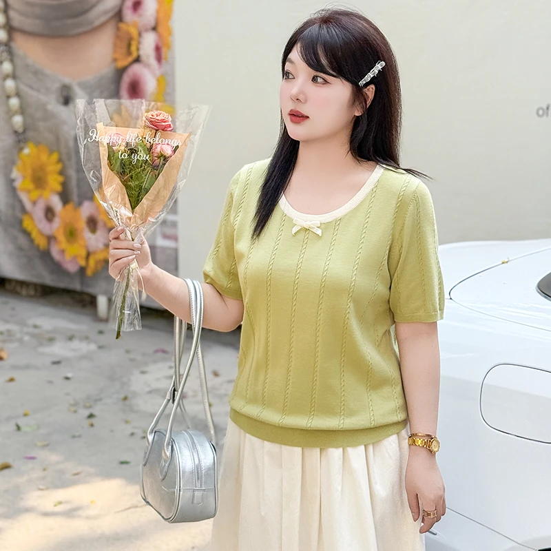 大码女装圆领设计感上衣女撞色针织衫2025夏胖mm宽松短袖t恤22889
