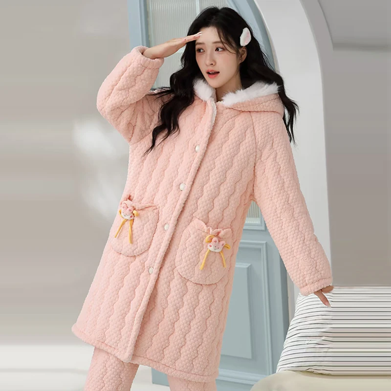 2025新款秋冬季三层夹棉睡衣女可爱加绒加厚睡袍可外穿家居服套装