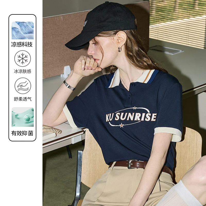 【凉感】库恩玛维减龄学院风POLO领短袖T恤女2025夏新款翻领上衣