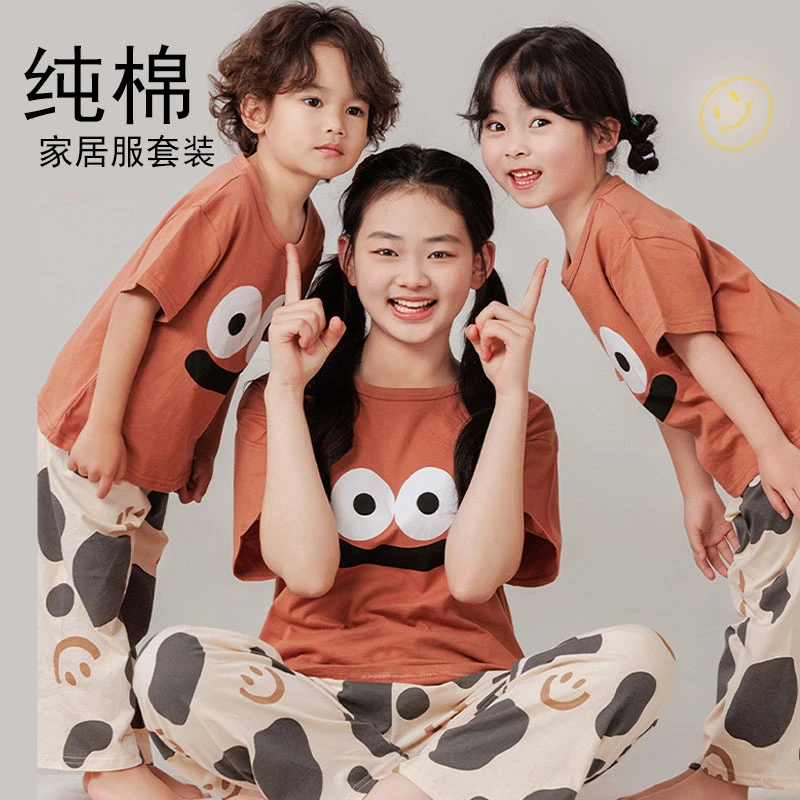儿童睡衣纯棉春夏薄款男童套装小中大童男孩短袖长裤女童家居服