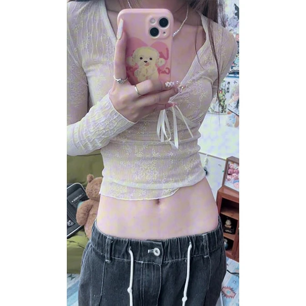 法式纯欲v领蝴蝶结长袖t恤女秋季蕾丝拼接辣妹紧身短款打底衫上衣