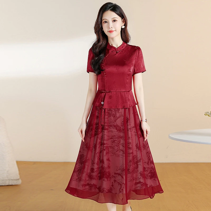 拉夏贝尔红色A字连衣裙气质夏季女2025新款爆款时尚中长款连衣裙