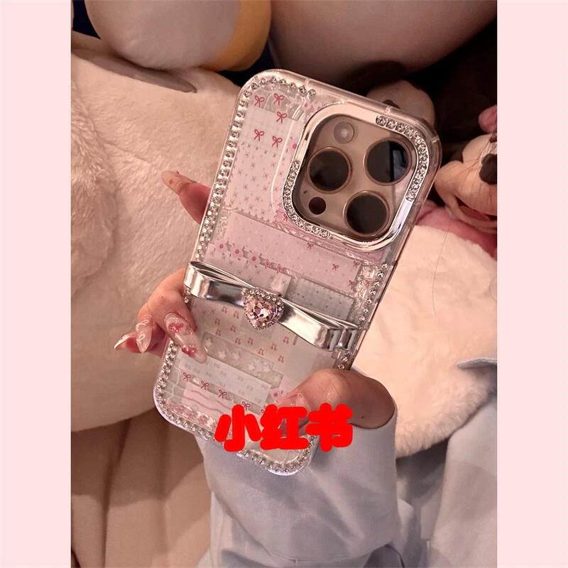 ins韩系粉碎花拼图适用苹果16pro手机壳点钻边框华为pura70保护壳