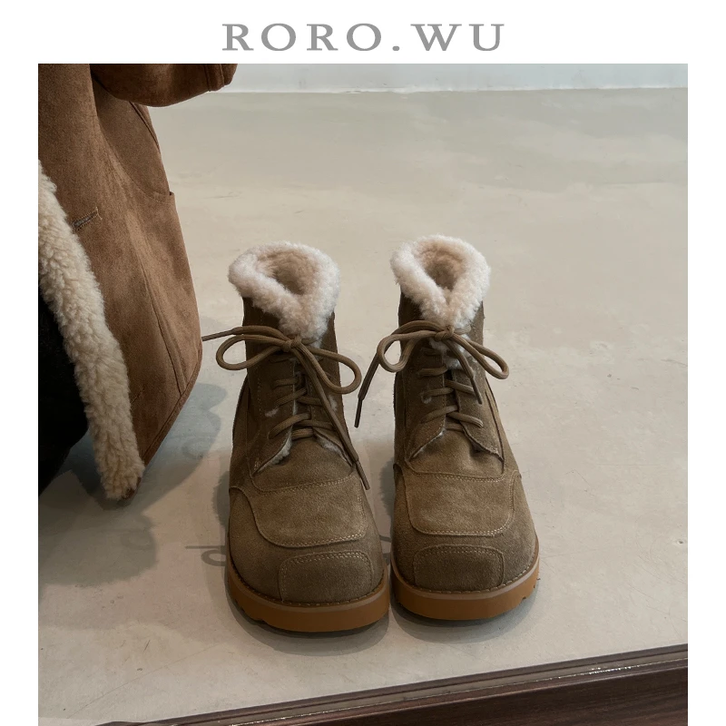 娆娆吴·磨砂牛皮加厚绒保暖圆头系带毛毛短靴冬季新款马丁靴女D09