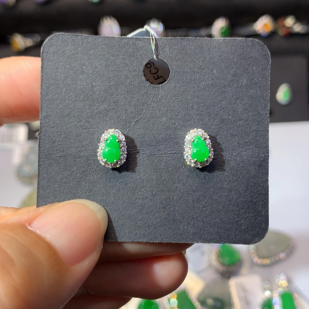 翡翠银S925镶嵌耳饰天然翡翠