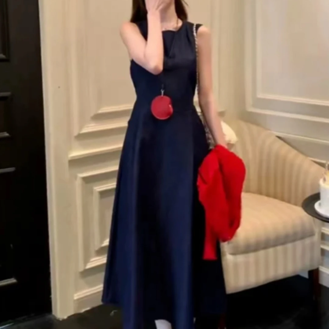 大码连衣裙显瘦法式套头长袖收腰赫本风无袖春季-9791