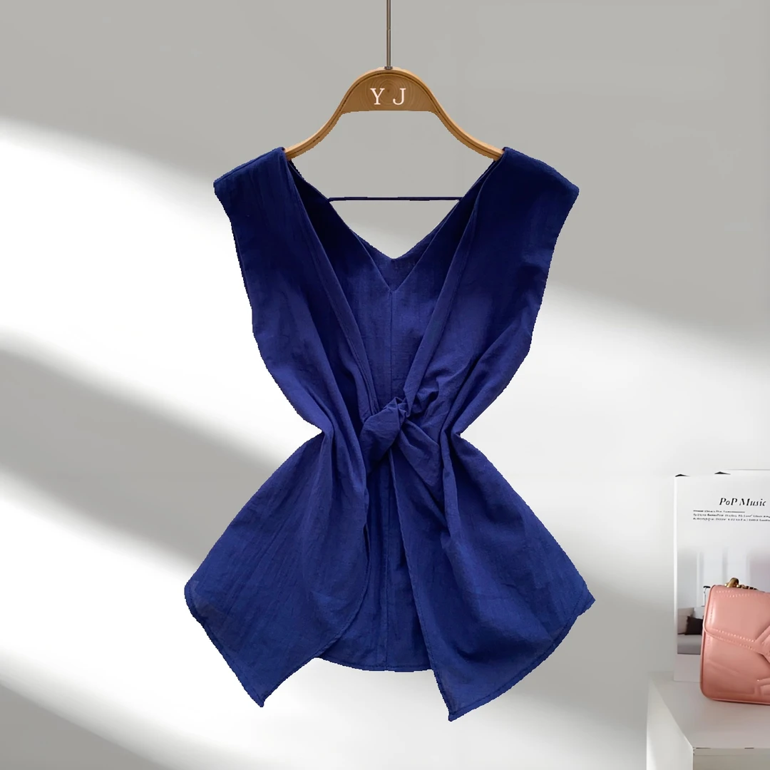 法式时尚高级感V领无袖衬衫扭结显瘦绝美别致气质上衣洋气衣服女