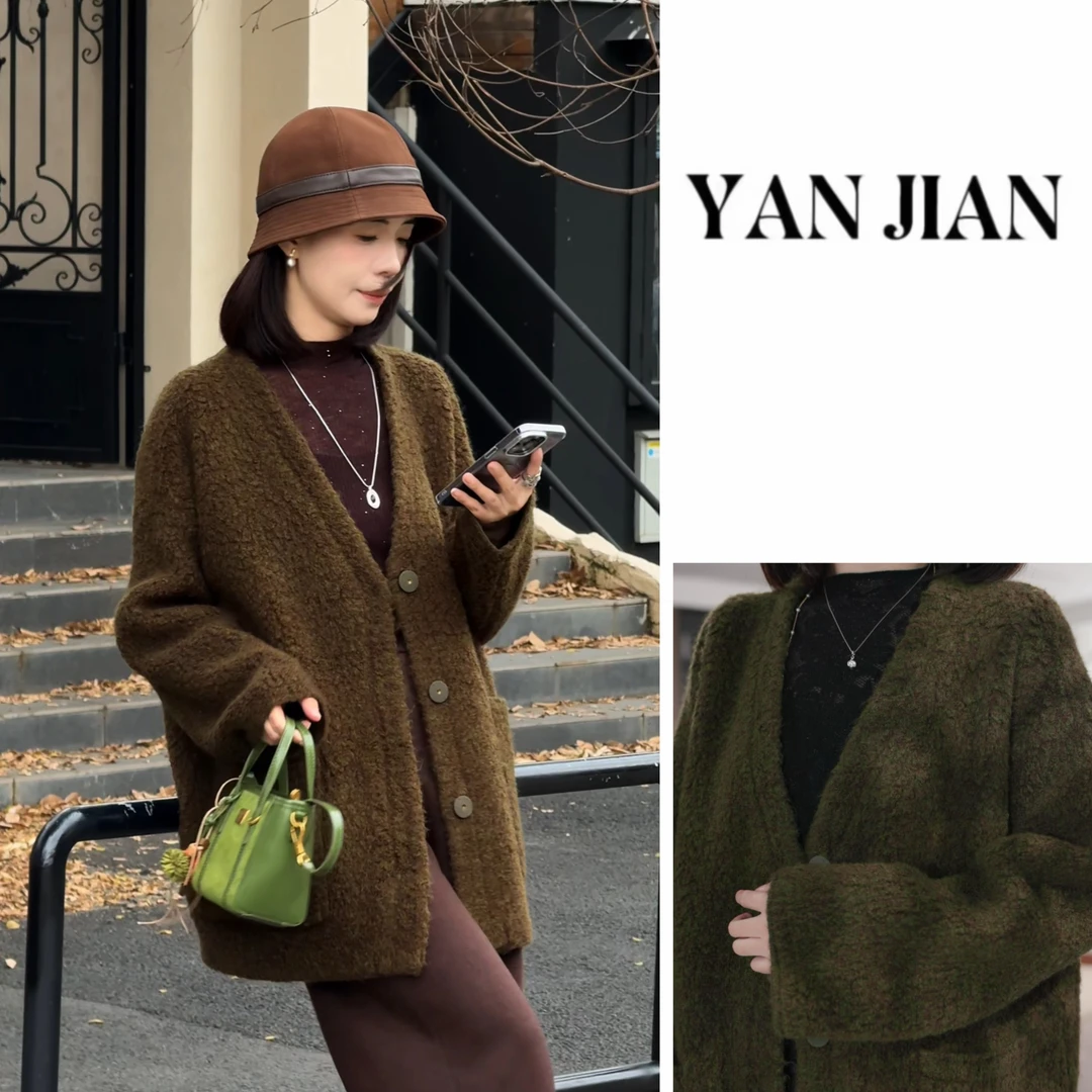 YAN JIAN【松林】100%绵羊毛圈圈纱v领加厚氛围感大衣