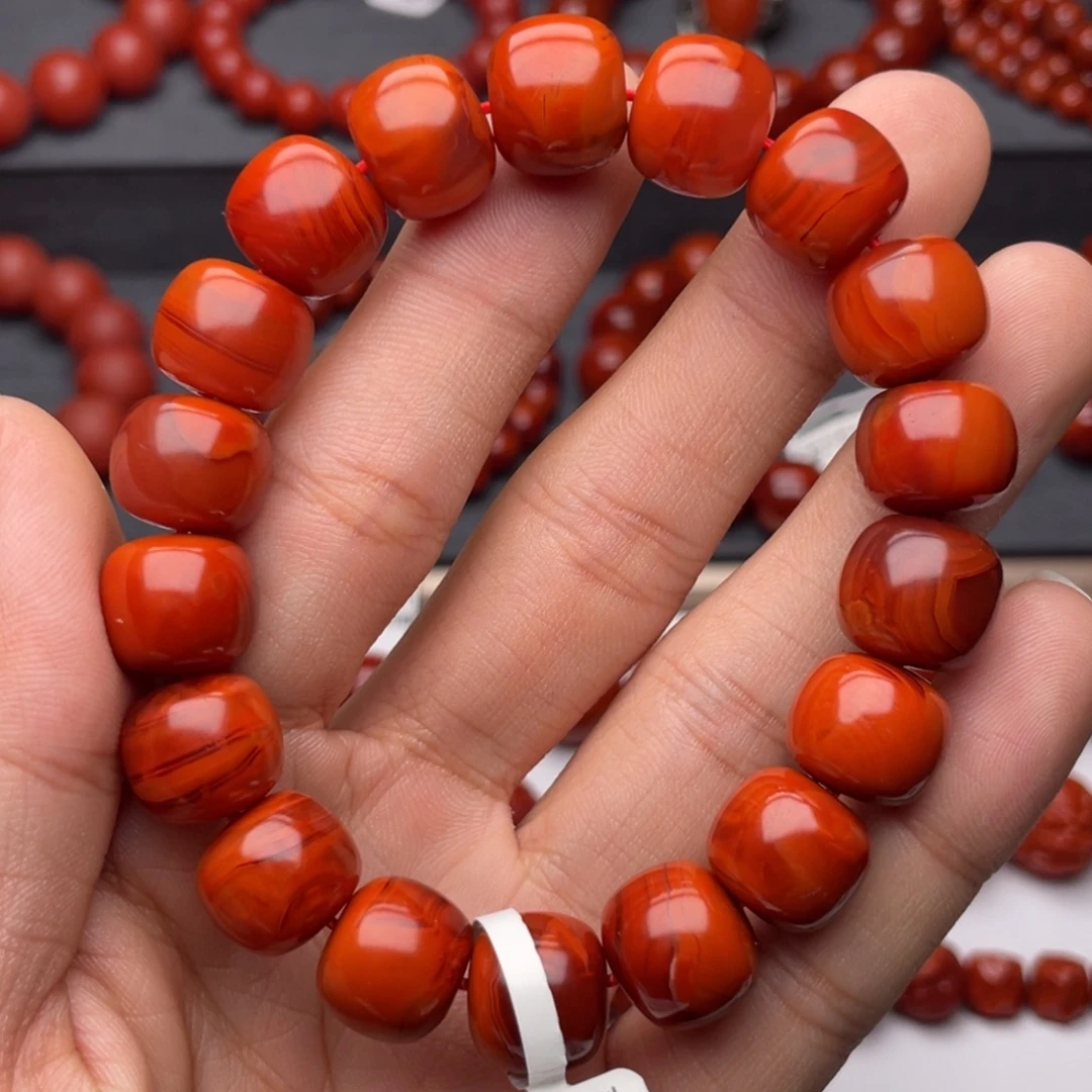 南红玛瑙未镶嵌手串H12.8mm收藏满肉柿子牛血双色火焰老型
