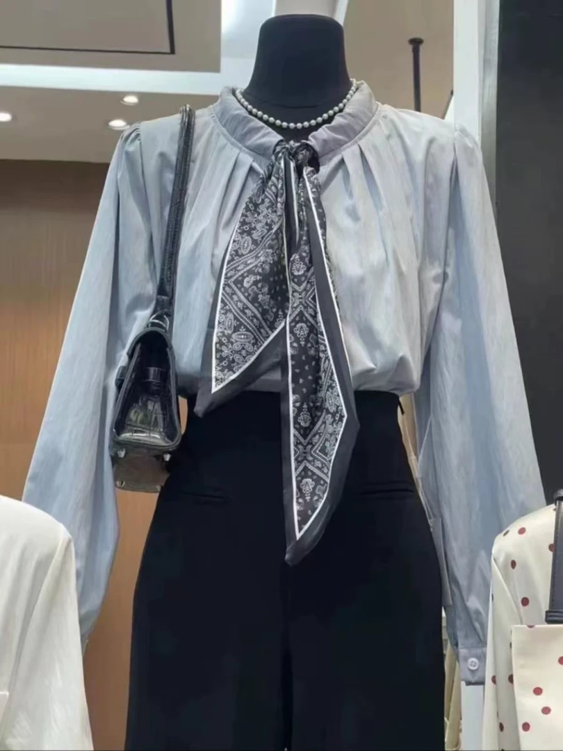 十三行早秋新款高级感气质拼接丝巾衬衫法式别致宽松泡泡袖上衣