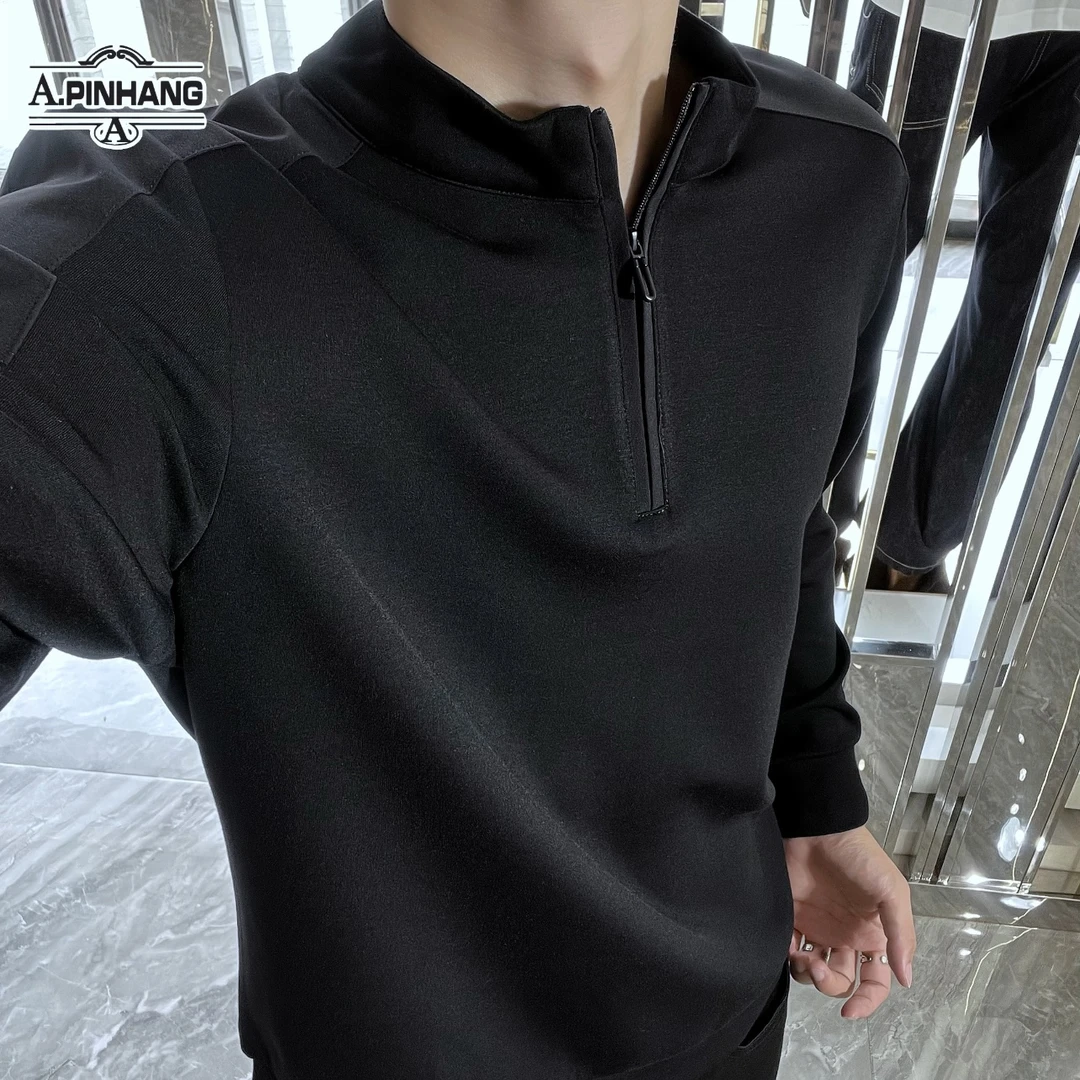 秋季新款纯色拼接男士百搭休闲长袖卫衣-79075