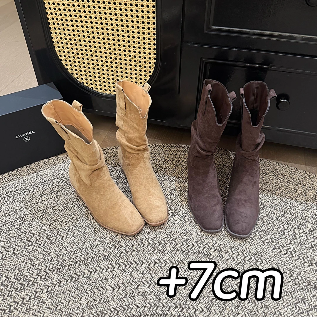 <茉莉家>小个子隐形增高7cm西部牛仔靴V口褶皱短靴