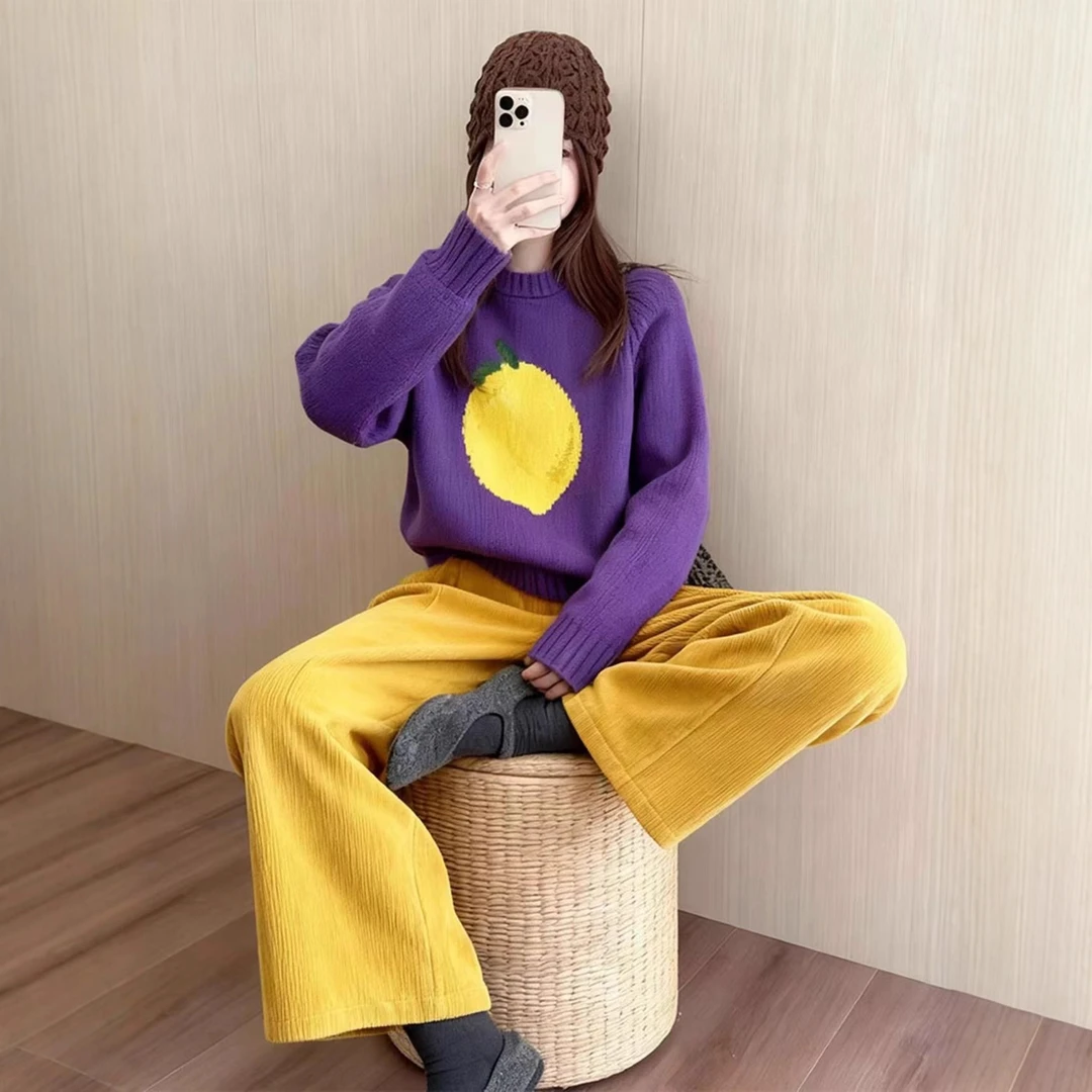 绝美独特漂亮紫色套头毛衣撞色灯芯绒裤子多巴胺套装2025秋季爆款
